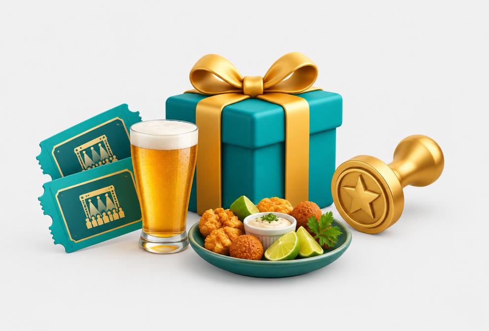 Ilustração de prêmios, bebidas, ingressos para eventos e petiscos
