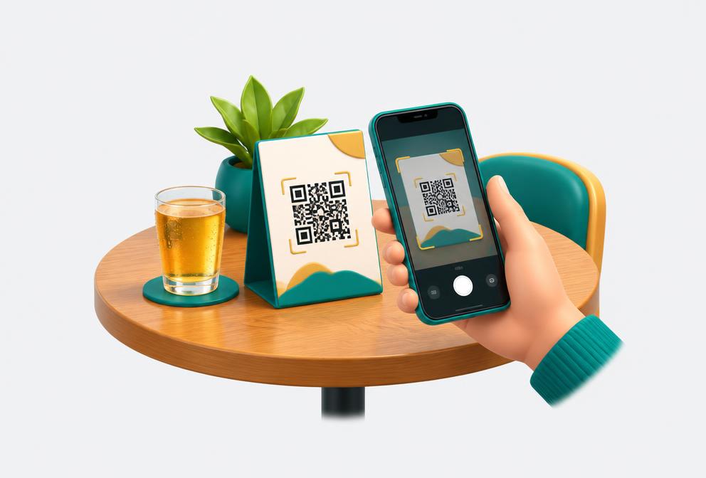 Ilustração de celular escaneando o QR Code na mesa de um estabelecimento
